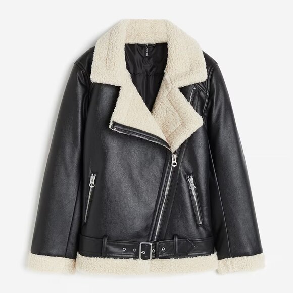 NWT H&M Aviator Teddy Fleece Jacket – Black/Beige, Size Small - Picture 1 of 6